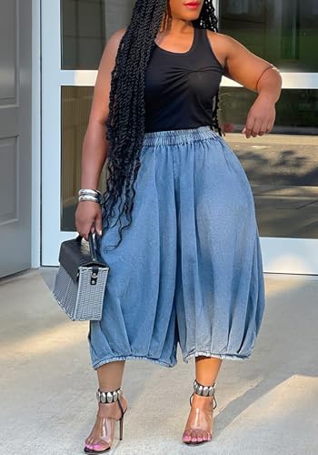 Famnbro Women's Baggy Capri Jeans High Waisted Stretch Cropped Harem Jeans Trendy Wide Leg Capri Pants3