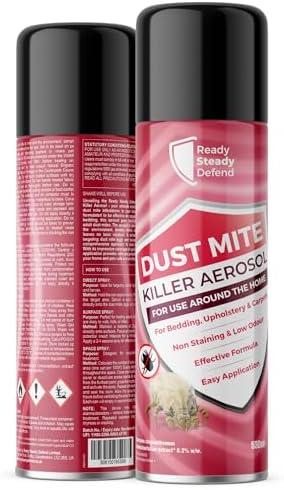 – Dust Mite Killer Aerosol - 530ml, Effective for Bedding, Upholstery & Carpets, Eliminates Dust Mites, Eggs, and Larvae, Non-Staining & Low Odour, Quick & Easy Application, Designed for Home Use