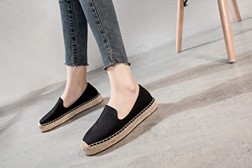 Image of Women's Classic Slip on Flat Shoes Casual Cap-Toe Platform Simple Espadrille Canvas Loafers Black Color Size 8.5