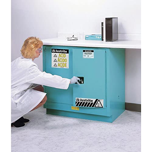 Image of Justrite Acid Corrosive Storage Cabinet - 22 Gallon 2 Door Manual Close Chemical Storage Cabinet with Removable Polyethelene Trays - 22 inch x 35 inch x 35 inch - Made in The USA - Light Blue - 892302