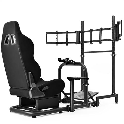 Dardoo Racing Simulator Cockpit with Triple Monitor Stand and Black Seat Fit for Logitech G29 G920...