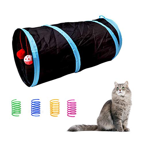 Andiker Cat Canal, Foldable Cat Toy for House Cats, Interactive Sound Paper, Cute Cat Toy with Bell Toy and Soft Balls, 4 Colourful Spiral Springs for Cats (Black)