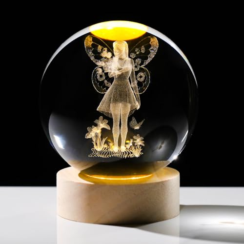 Arikyrist 3D Crystal Ball Lamp with Fairy Figurine and Wooden Base, Laser Engraved Crystal Sphere Night Light and Home Decor Gift