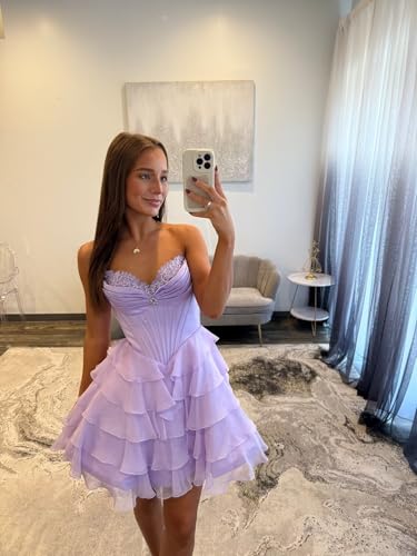 Short Homecoming Dresses for Teens Lace Sweetheart Tiered Chiffon Prom Dress LW2003