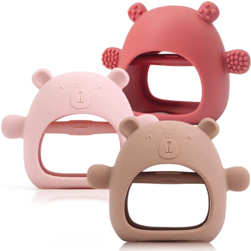 Image of 3 Packs Baby Teething Toy Silicone Bear Teething Mitten for Babies Over 3 Months Anti Dropping Wrist Hand Teethers Baby Chew Toys for Sucking Needs, BPA Free (Pink, Coral, Brown)
