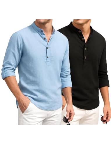 Image of DEEMOON Combo of Men's Cotton Blend Solid Regular Fit Full Sleeve Short Kurta | Men's Trendy Short Kurta Pack of 2 (Available in Plus Size & Combo Packs)