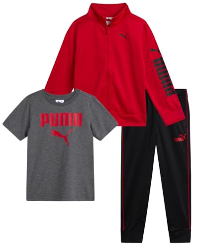 La Mejor Recopilación de Conjuntos deportivos para Niño los mejores 10. 48 PUMA - Juego de pantalones deportivos para niños pequeños, 3 piezas, chamarra con cierre, pantalones deportivos para niños (12M-4T), Gris/Rojo, 3 Años
