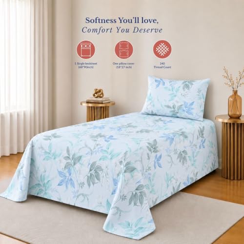 Image of Jaipur Weaves Single Bed Cotton Bedsheet with 1 Pillow Cover, 100% Pure Cotton Single Bedsheet 60x90 Inches, 240 TC Soft Breathable Floral Bed Sheet (Aqua Floral, Single)