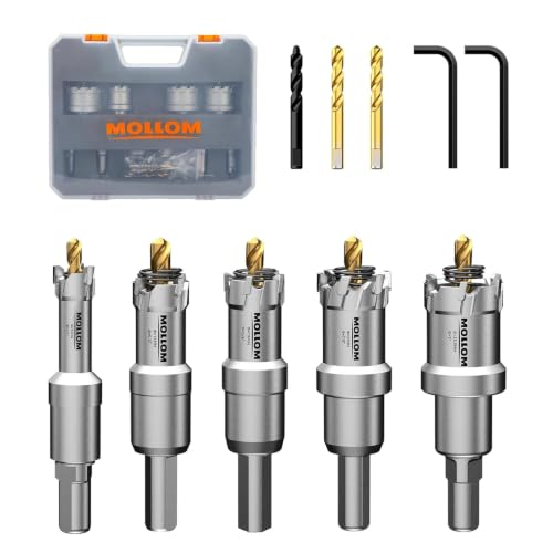 Mollom TCT Carbide Hole Saw Kit for Hard Metal,16-45mm, 5 Pcs Tungsten Carbide Tipped Hole Cutter with Pilot Drill bit for Heavy Duty, Stainless Steel, Iron, Aluminum, Alloy
