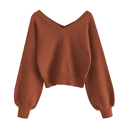 Image of ZAFUL Women's Cropped Sweater V-Neck Long Sleeve Pullover Jumper Knit Top | Crop Length, Ribbed Knit, Double V design, White sweater, Raglan sleeves, lantern sleeve, Fall & Winter, Loose fit, Oversized