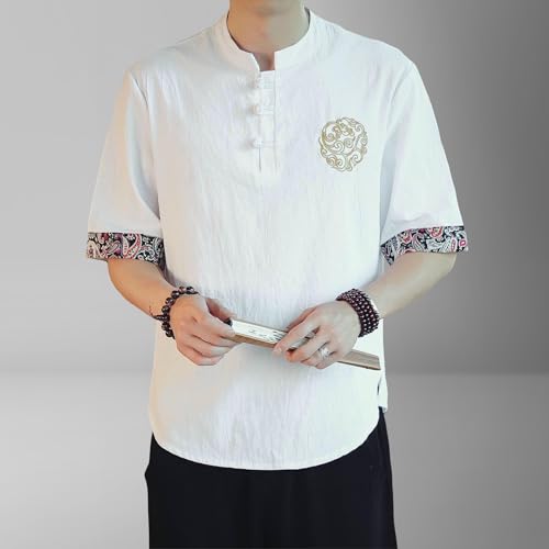 Chemise d'été homme style chinois rétro ample manches courtes coton lin