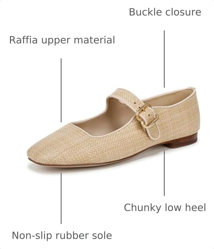 Image of DOEYG Raffia Mary Jane Ballet Flats for Women Square Toe Buckle Strap Ballerina Flats Comfortable Dress Shoes
