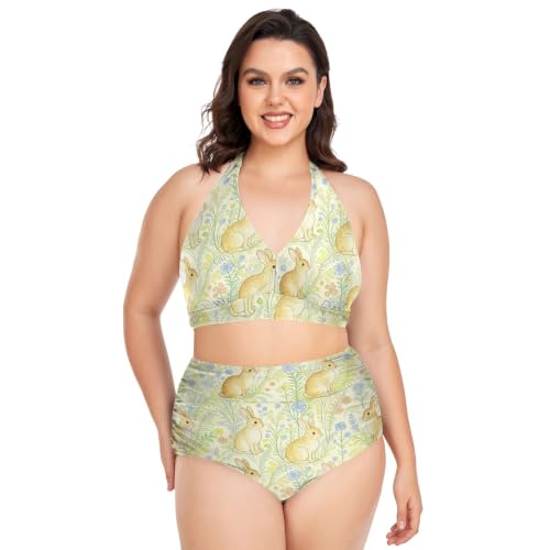 Bikini de talla grande con control de abdomen y top halter ajustable con estampado de conejos
