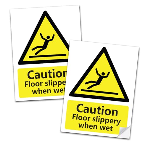 Image of SAFESIGN (2 Pack) Caution Floor Slippery When Wet Self Adhesive PVC Sign Stickers - 200mm x 150mm - Safety Health Waterproof Vinyl Conforms to EN ISO 7010:2012