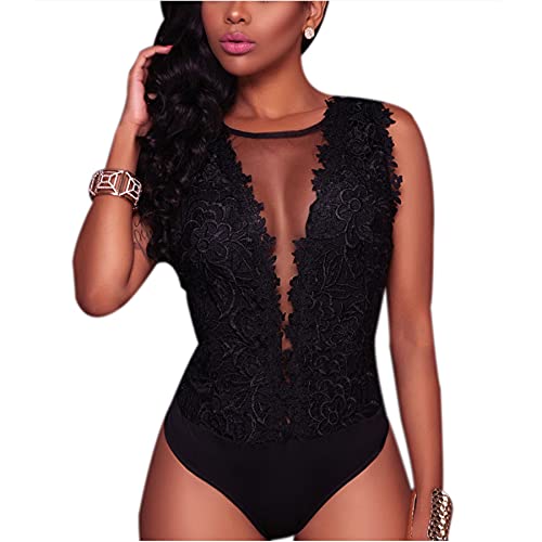 Image of RARITYUS Women Sexy Lace Bodysuit Jumpsuit See Through Mesh Sleeveless /Long Sleeve Tops Swimsuit for Party Outfit