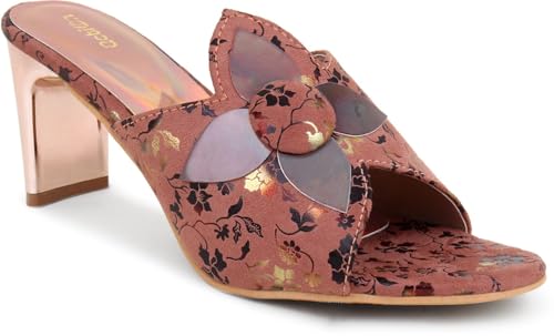Image of Action Women's Floral Suede Mules| Black with Peach Flower Applique| Gold-Tone Heel Dark Brown