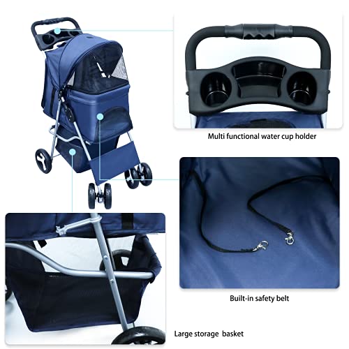 Maylai Pet Stroller for Cats/Dogs,One-Hand Fold,Reinforced Universal Wheel, Removable Liner,Storage Basket Cup (Navy Blue) - Thumbnail 3
