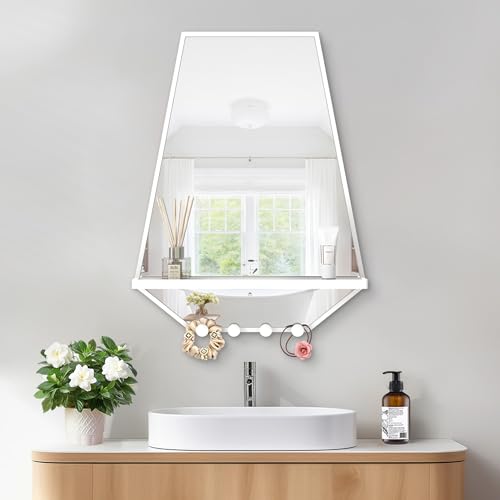 Image of BEAUTME 26x20 inch Bathroom Mirror with Shelf, Irregular Hexagonal Metal Wall Mirrors with Hooks, Bathroom Vanity Mirror Farmhouse, Wall Mounted Mirror Decor for Living Room Bedroom Entryway (White)