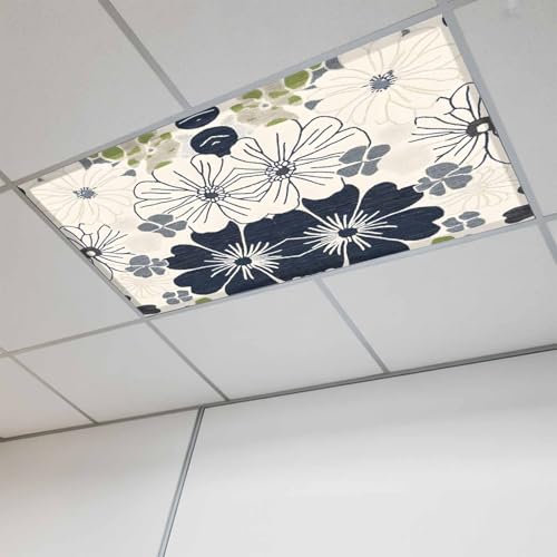 Fluorescent Light Covers, White Black Flowers Magnetic Light Covers for Ceiling Lights, Vintage Floral Beige Burlap Fluorescent Ceiling Shade Filters for Classroom Bedroom Office 4x2Ft x 1PCS