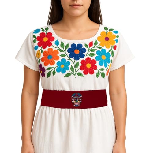 Mexican Traditional Sugar Skull Embroidered Kids Belt, Red multicolored embroidery - Main Image