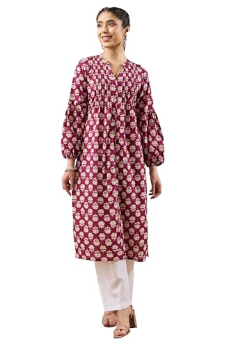 Image of Janasya Women's Pure Cotton Floral Printed A-line Kurta