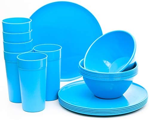 Youngever 18 Piece Re-usable Plastic Kitchen Dinnerware Set, Plates, Dishes, Bowls, Cups, Service for 6 in Assorted Colors (Mint)