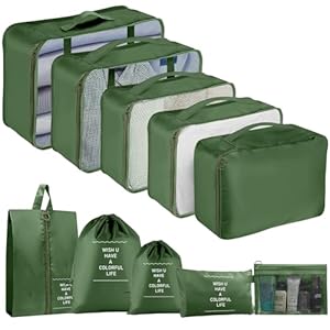 10pcs Packing Cubes for Suitcases, Travel Organiser Packing Bags for Clothes Shoes Toiletries Travel Luggage Organizers Storage Bags (Dark Green)