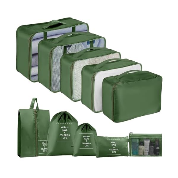 10pcs Packing Cubes for Suitcases, Travel Organiser Packing Bags for Clothes Shoes Toiletries Travel Luggage Organizers Storage Bags (Dark Green)