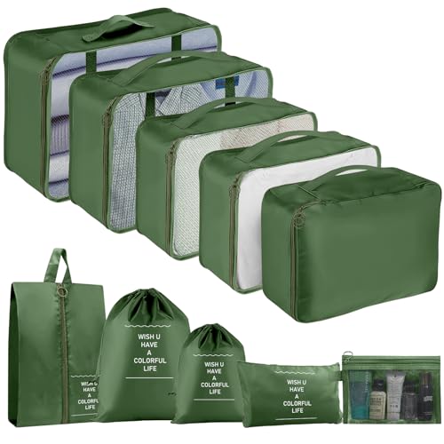 10pcs Packing Cubes for Suitcases, Travel Organiser Packing Bags for Clothes Shoes Toiletries Travel Luggage Organizers Storage Bags (Dark Green)
