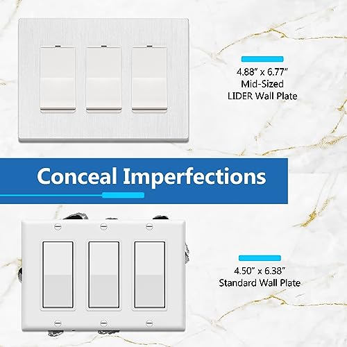 Image of LIDER Decorator Switch Cover, Screwless Wall Plate, Mid-Size 3-Gang 4.88 inch x 6.77 inch, LSWP-33M-BW, UL Listed, Thermoplastic, Brushed White, 1-Pack