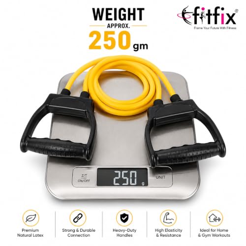 Image of Fitfix Yellow Resistance Exercise Tube 25Kg Resistance 55 lbs Workout Exercise Band Tube with Handle for Home Gym Use Resistance Bands for Pull Ups, Stretching Toning Tube for Warm Up