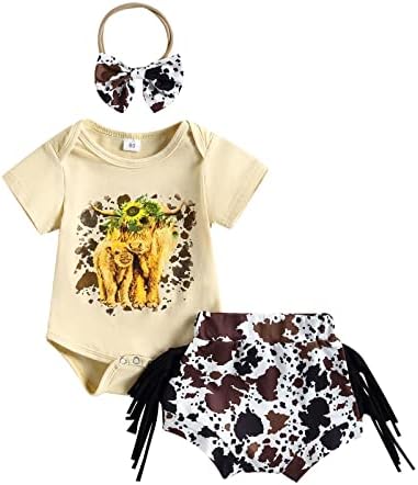 Western Baby Girl Clothes Boho Cow Print Short Sleeve T Shirt Top + Bloomer Shorts Set Infant Summer Outfits (Tassel-Beige, 12-18 Months)