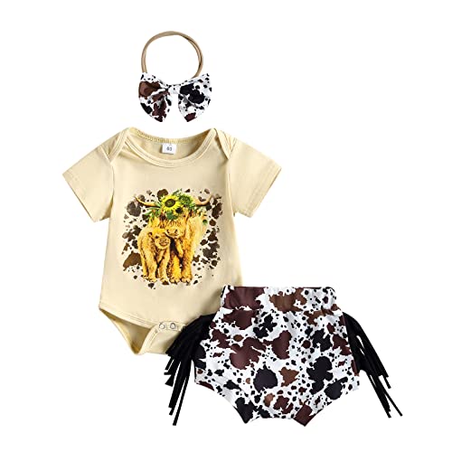 Western Baby Girl Clothes Boho Cow Print Short Sleeve T Shirt Top + Bloomer Shorts Set Infant Summer Outfits (Tassel-Beige, 12-18 Months) #TOP7
