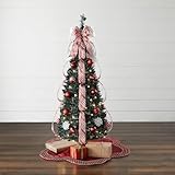 BrylaneHome 4.5 Ft Fully Decorated Pre-Lit Pop-Up Christmas Tree with 100 Warm Lights & Included Stand, Collapsible, Easy Assembly - Red White
