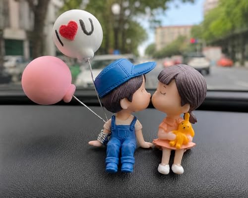 Image of Car Dashboard Couple Figurine with Balloon Decor - Silicone Cute Love Mini Statue Showpiece for Car Interior, Romantic Bobblehead Toy Gift Accessory for Couples, Dashboard Decoration