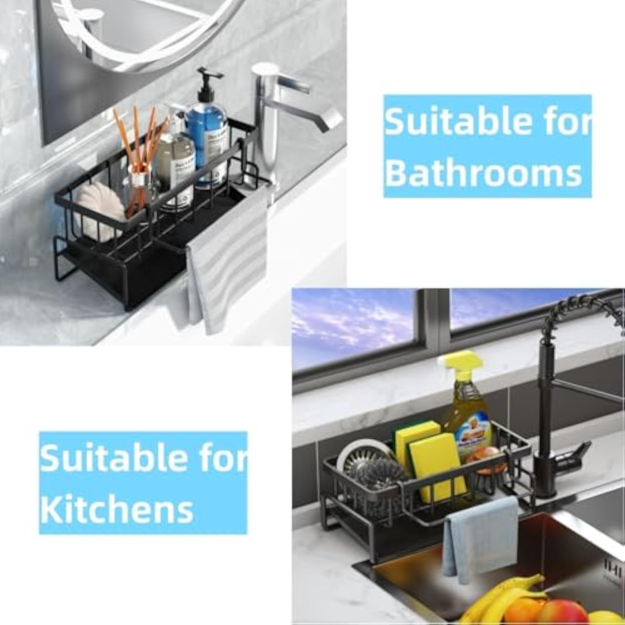 Metal Sponge Holder for Kitchen Sink, Auto-Draining Organizer