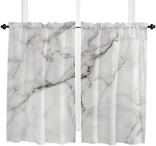 BOBOWUNY Marble Window Tier Curtain 45 Inches Long Set of 2 Panels, Marble Cracks Motif Half Windows Rod Pocket Kitchen Curtains White Small Kitchen Drapes for Bathroom Cafe 55''x45''