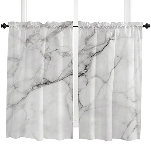 BOBOWUNY Marble Window Tier Curtain 45 Inches Long Set of 2 Panels, Marble Cracks Motif Half Windows Rod Pocket Kitchen Curtains White Small Kitchen Drapes for Bathroom Cafe 55''x45''