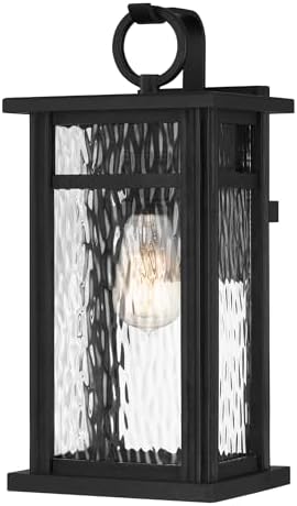 Quoizel Moira Outdoor Wall Lantern, Coastal Armour 16 Inch 1-Light Earth Black Wall Sconce, Clear Water Glass Exterior Wall Lantern Fixture, Outside Lights for Patio, Porch, Garage or Yard