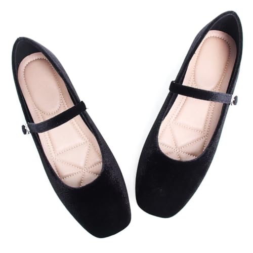 LUXINYU Women Comfortable Sqaure Toe Mary Jane Shoes Cozy Velvet Suede Flats Ankle Buckle Strap Casual Ballet Office Shoes