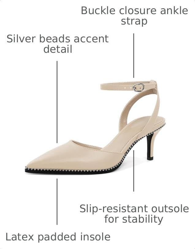 Image of SAMMITOP Kitten Heels for Women Low Heel Closed Toe Ankle Strap Pumps Wedding Party Beaded Dress Shoes 2.4 Inch