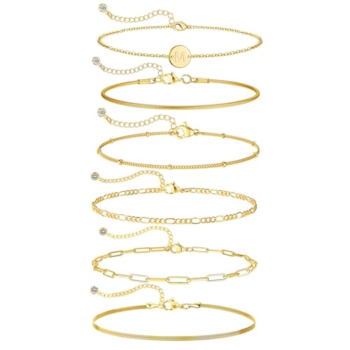 Aretas Bracelet en Or pour Femme, 6 PCS, Bracelet Charms Lettre M en Liens, Ensembles de Bijoux Empilables Plaqué Or 14K Réel, Cadeaux pour Fille, Copine,...