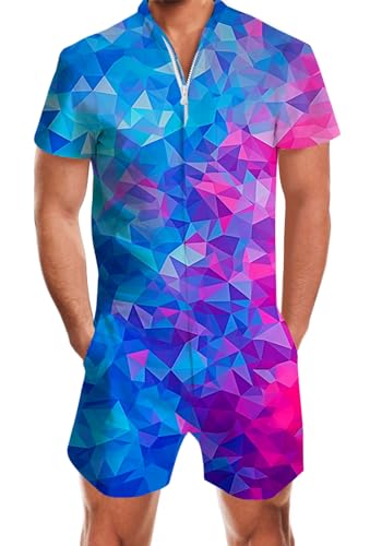 Goodstoworld Man Romper Adult Male Men Rompers Overall One Piece Graphic 3D Printed Outfits Bro Guys Purple Jumpsuit Rave Shirt Zipper Cargo Slim Fit for Theme Party
