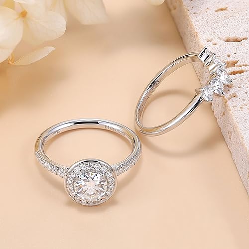 Hitlinker Moissanite Bezel Set Engagement Ring for Women Halo Half Eternity Round Cut Promise Rings 925 Sterling Silver 18K White Gold Plated Lab Created Diamond Anniversary Wedding Band Ring Size 7 - image 2