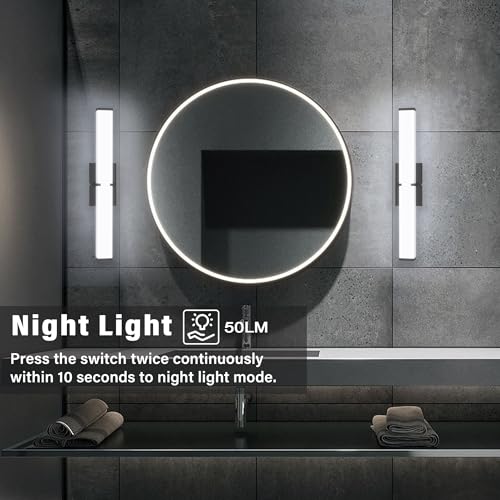 Image of Bathroom Vanity Light with Night Light Cool White 5700K Black Modern Matte Bathroom Lighting Fixtures; 24 Inch IP44 25W Equivalent to Incandescent 250W for Over Mirror Vanity Light ETL Listed