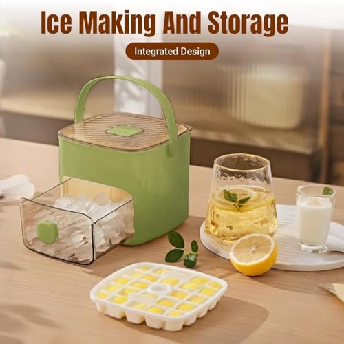 Portable Freezer Ice Maker with Ice Bin Fast, ICES Cube Tray with Storage Drawer, 48 Grid Push Type ICES Maker, Portable Press-Style ICES Box for Effortless Ice Making & Storage for Home Use (Green)