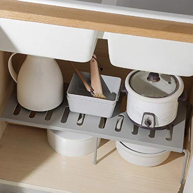 Cabinet Shelf, Expandable Stackable with Drain Holes Kitchen Counter Organizer, Space Saving for Kitchen Cupboard Organization (White)