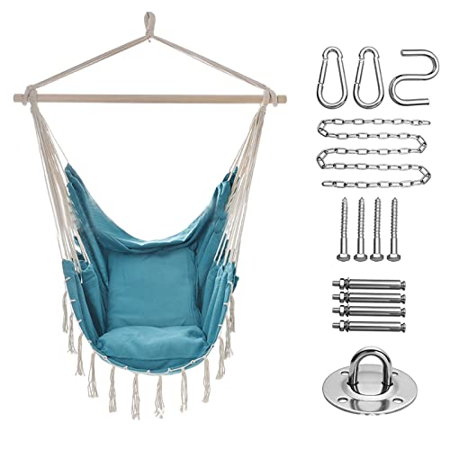 SRHWBF Columpio Colgante Silla Hamaca 2 Cojines Silla Colgante portátil Bolsillo Lateral Juego de Silla Grande de macramé Tejido de algodón de Calidad (Blue)