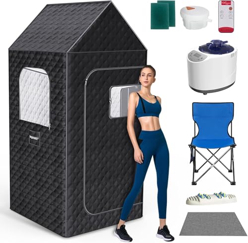 Portable Sauna Box for Home, XL Personal Steam Sauna Tent at Home Spa, Large Indoor Sauna Relaxation Room with 3L & 1200W Steamer, Remote Control, Chair, Mat, Foot Massager (6.4Ft*3Ft*3Ft, Black)