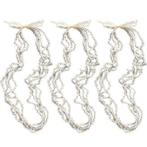 Tondiamo 3 Pcs Hawaiian Shell Lei Necklace with Bow for Luau Party White Natural Seashell Shell Leis Necklace for Women Summer Beach Tropical Party Apparel Jewelry Accessories